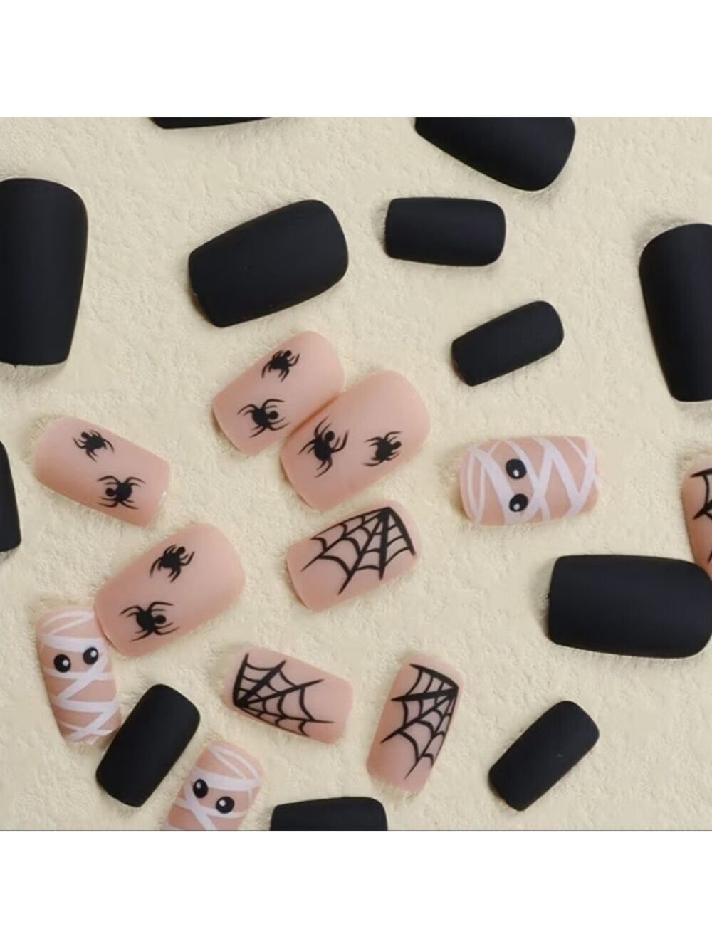 2/$10 Halloween Mummy & Spider Matte Nail Set - Black & Nude - Picture 2 of 7
